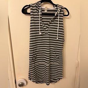 Grey and white striped size small beach cover up with hood and draw strings